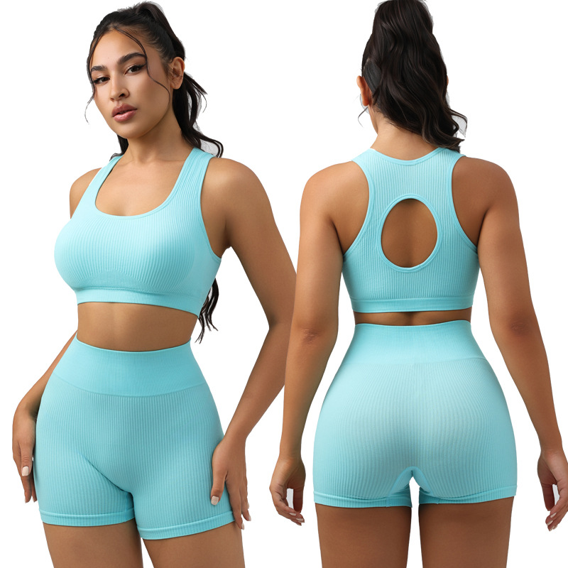 Bra apretado con cojín de pecho de rosca, yoga de cintura alta, melocotón de acondicionamiento físico, ropa deportiva de secado rápido, pantalones cortos.