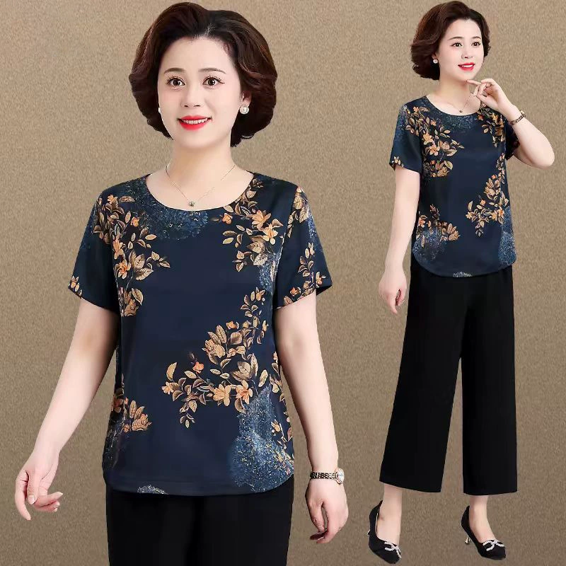 Silk summer clothing for mother, sleeves, summer set, with short sleeve, western style