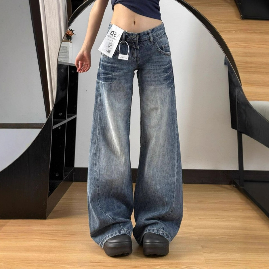 Plus-Size American-Style Creased Jeans for Women, Autumn Low-Waist Retro Loose Slimming Straight-Leg Floor-Length Wide-Leg Pants