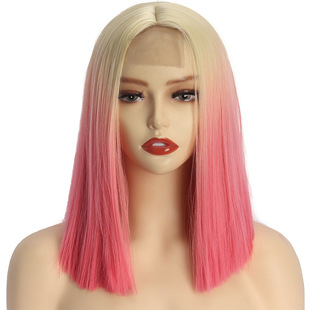 Xuchang Cross-border European and American Short Straight Hair Small Lace Wig Gradient Pink Wig Women's Chemical Fiber Headgear Lace Wigs