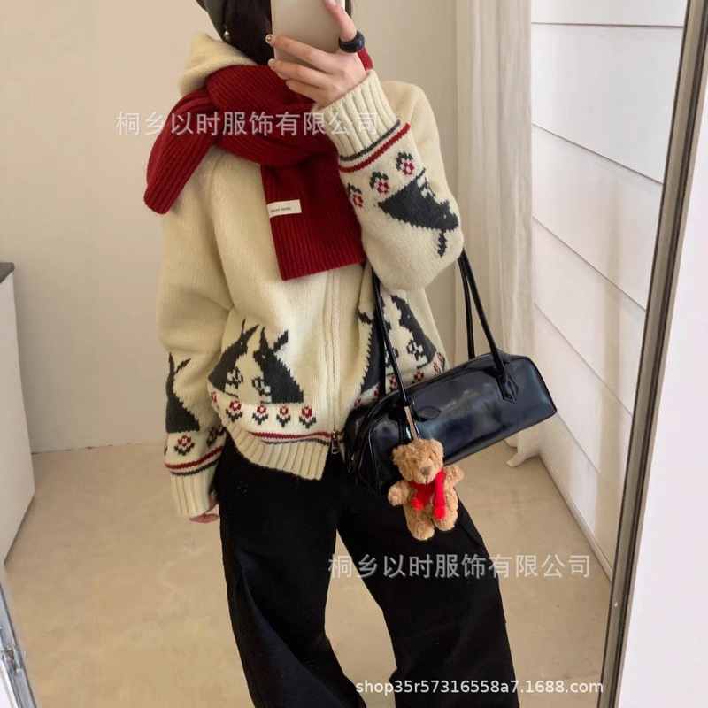 Fair Isle Sweater Zip-Up Jacket Korean Style Cute Rabbit Jacquard Hooded Knit Cardigan for Women
