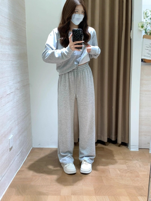 运动休闲风基础Q弹双拉链短卫衣外套+高腰阔腿卫裤2件套装女秋季|undefined