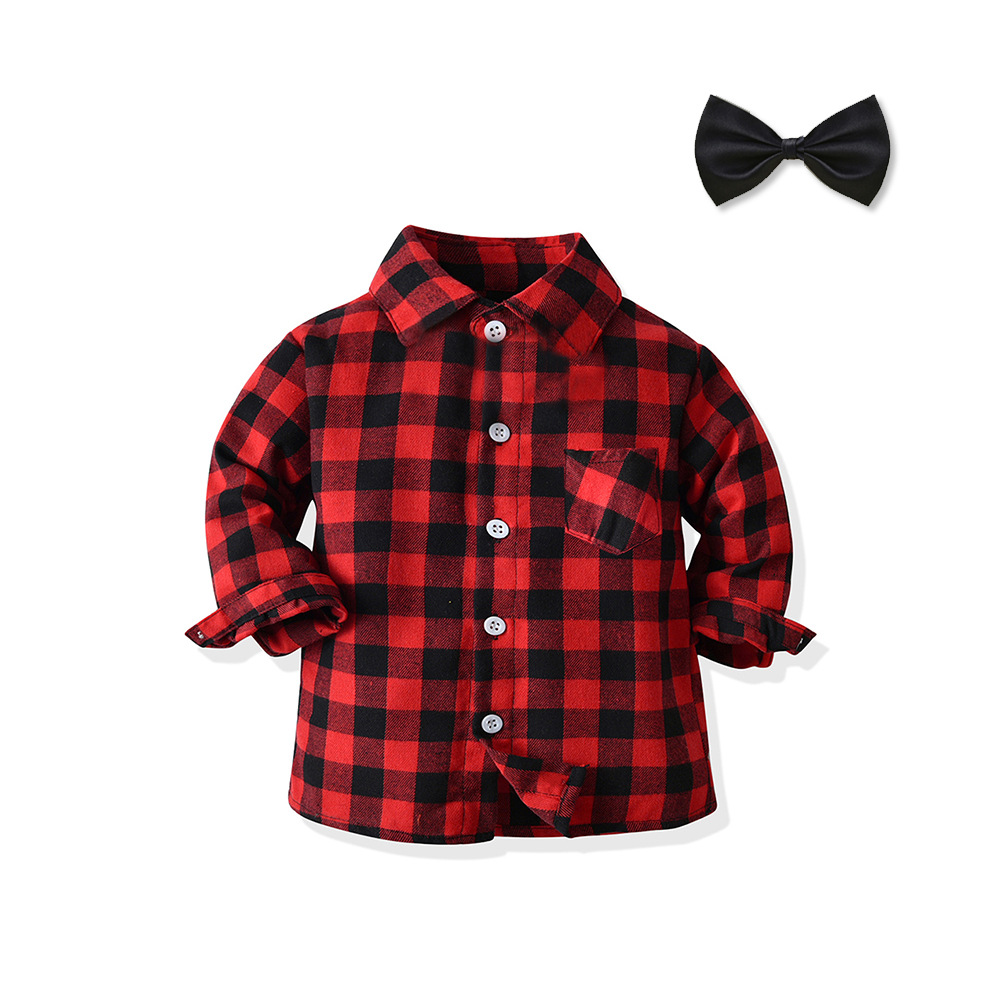 Camisa de manga larga para niños, blusa a cuadros para bebés de primavera y otoño, camisa de todo fósforo de solapa neutral, lazo gratis, ropa para niños al por mayor