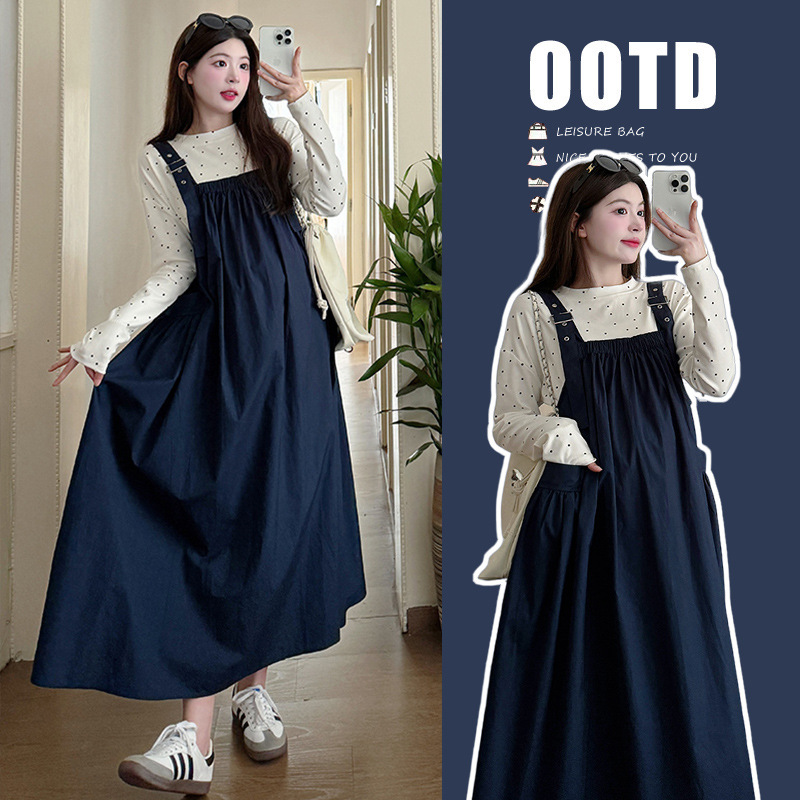 実写スポット秋2024甘美減齢ゆるい韓国版妊婦服ワンピース波点上着セット|undefined