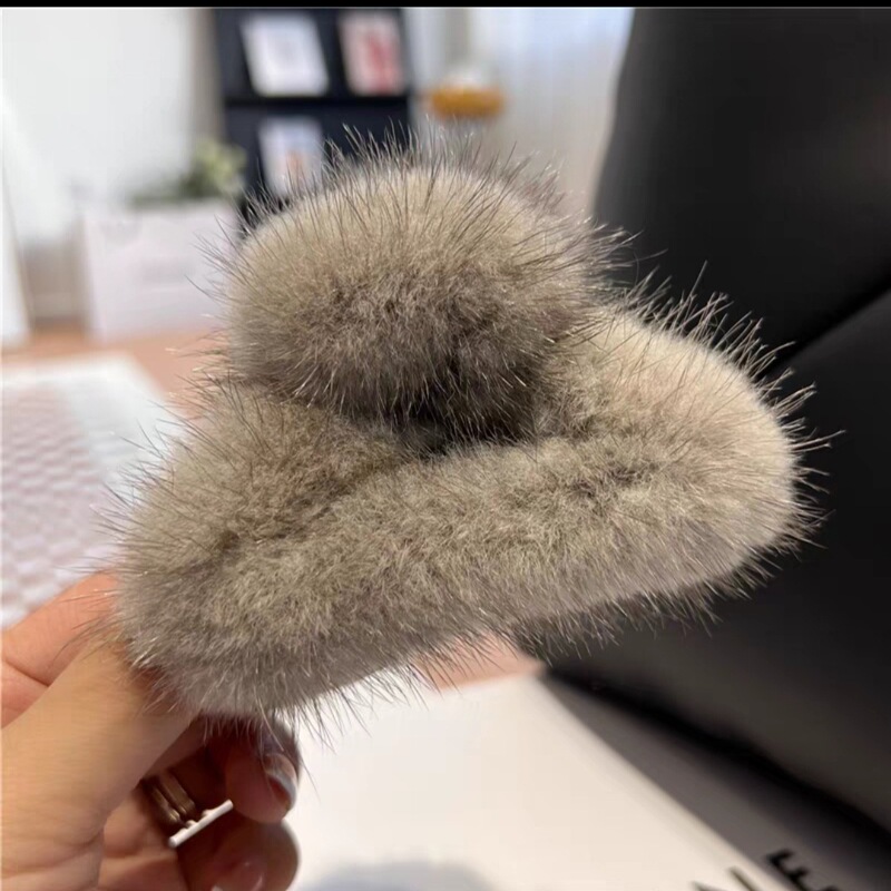 ミンクヘアグリッパー韓国のかわいいぬいぐるみヘアピン気質毛皮グリッパーバックヘッドクリップサメクリップ女性卸売|undefined