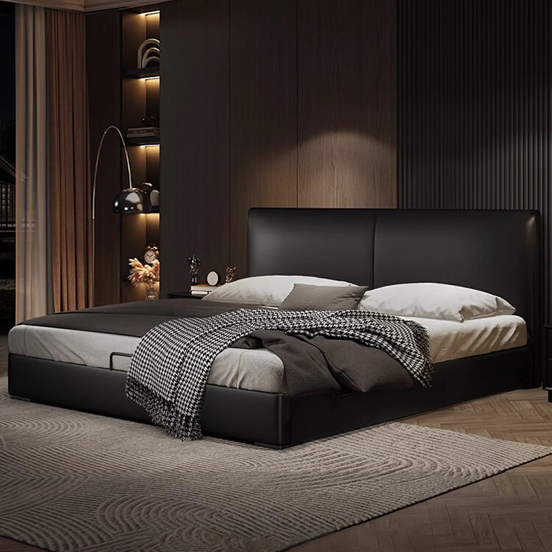 Cama de cuero simple italiana multifuncional doble cama principal tipo pequeño caja de almacenamiento cama de cuero negro