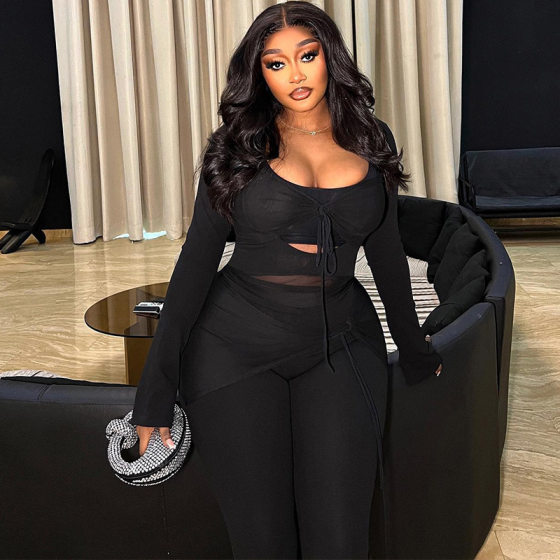 European and American style ins foreign trade women's clothing solid color casual suit two-piece mesh stitching long-sleeved top trousers Suits