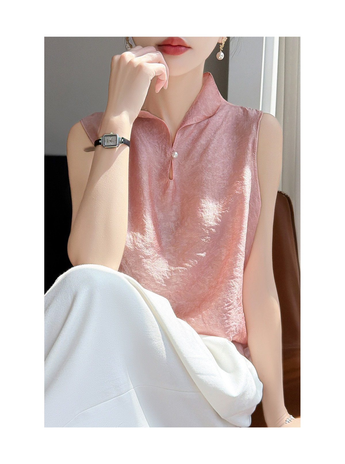 Áo sơ mi không tay cổ lật nữ chất tơ tằm phong cách quốc gia — Champagne màu chi tiết 14