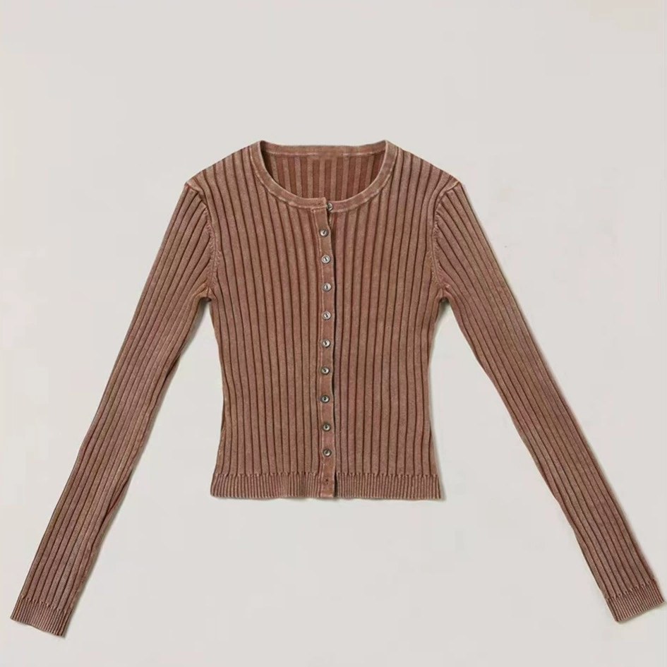 SK wild retro knitted cardigan stonewashed button thread slim top for outer wear