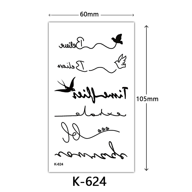 Pequeñas pegatinas de tatuaje frescas letras inglesas flores mariposas líneas de boceto pegatinas de tatuaje impermeables tatuaje