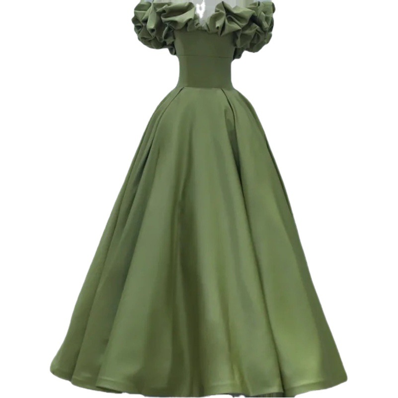 Vestido de noche estilo francés, nuevo modelo 2026, verde, estilo princesa, elegante, con hombros descubiertos, para fiesta de cumpleaños o compromiso.