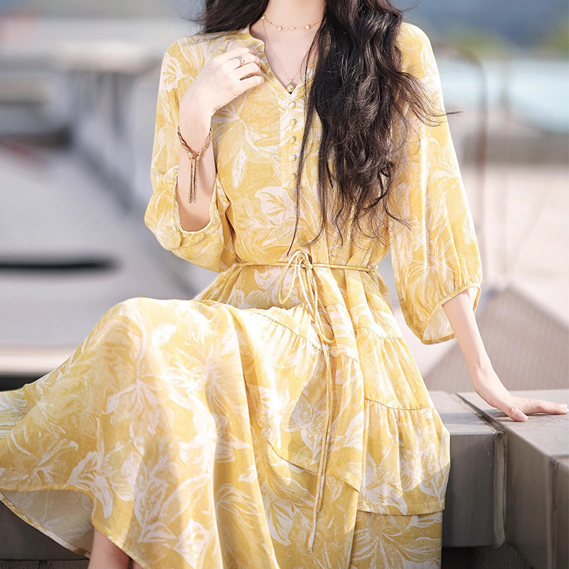 Rose Silk Dress, Romantic Flared Dress, Mulberry Silk Beach Dress, Women's Summer High-End Dress with Three-Quarter Sleeves Rose Silk Dress, Romantic Flared Dress, Mulberry Silk Beach Dress, Women's Summer High-End Dress with Three-Quarter Sleeves