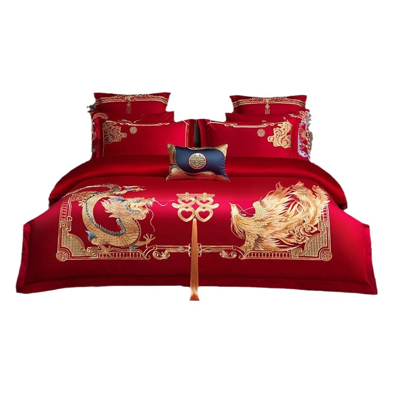 Juego de cuatro piezas de algodón puro para dote de novia, color rojo brillante, funda de edredón bordada totalmente de algodón, sábana de cama de boda, cubrecama, ropa de cama para todas las estaciones.