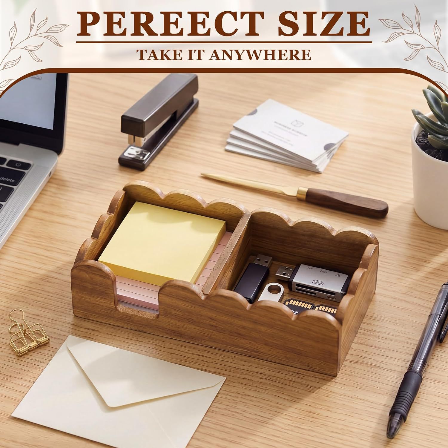 Solid wood wavy edge note storage box for home and office, square desktop sticky note organizer box