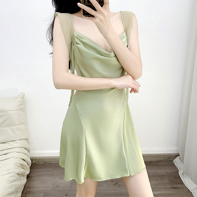 올란 섹시 속옷 프렌치 스타일 가슴 패드 스윙 칼라 새틴 서스펜더 잠옷 순수한 욕망 섹시한 겉옷 드레스 세트