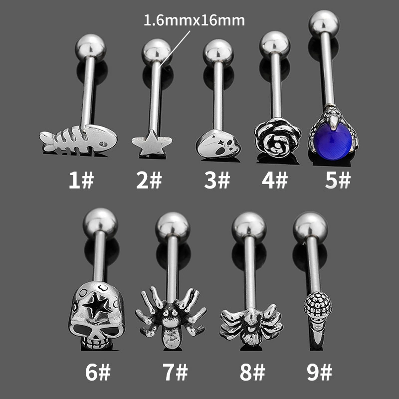 Язычное кольцо из нержавеющей стали 316L, панк‑дизайны (череп, паук), 1,6×16 мм