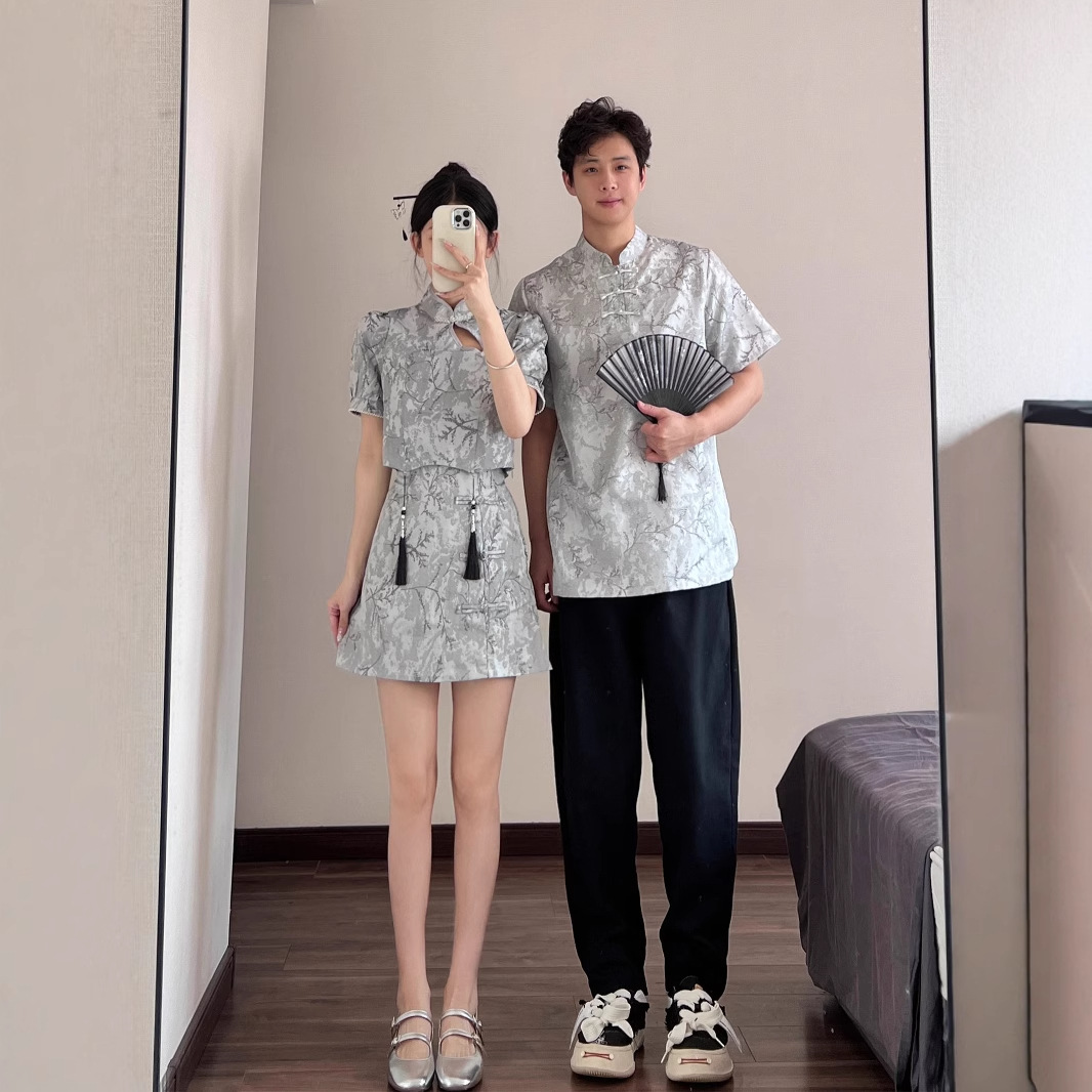 새로운 중국 스타일 국가 스타일 새로운 여름 개선 된 코트 버클 컬러 청삼 여성 반팔 스커트 인테리어 칼라 탑