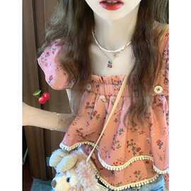 甜美小清新女孩浪漫方领碎花小飞袖T恤女夏小众设计短款百搭上衣