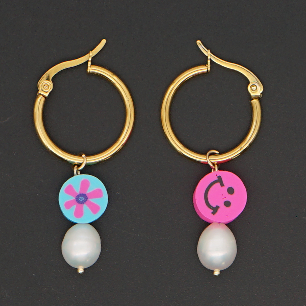 Grandes Boucles D&#39;oreilles En Acier Inoxydable Avec Perle De Visage Souriant Arc-en-ciel display picture 22