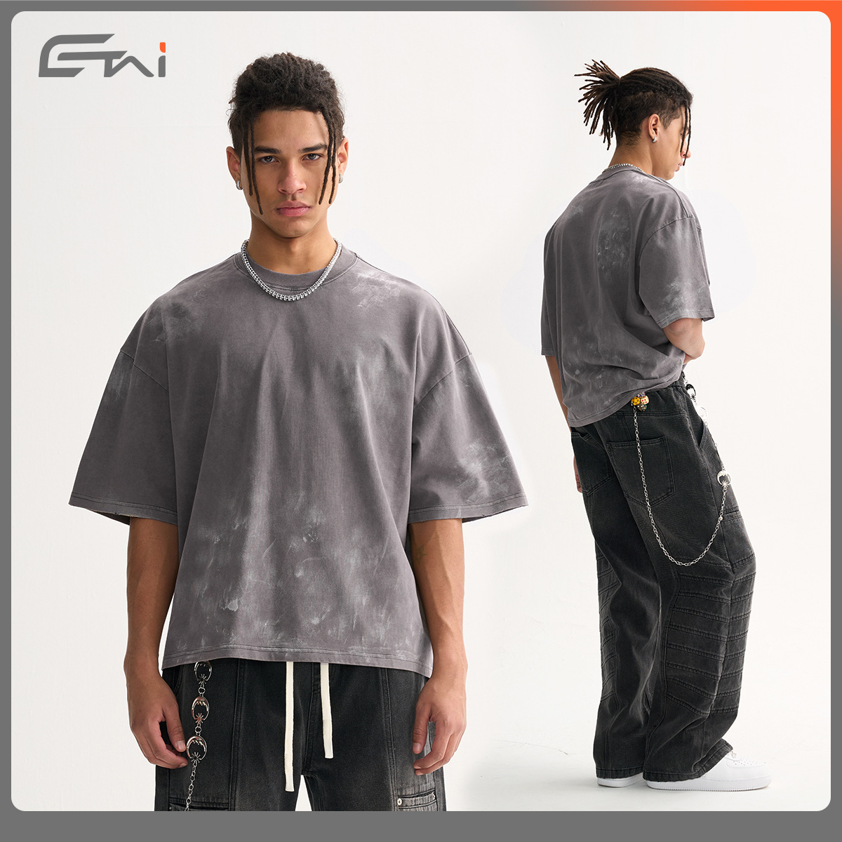 ETAI Hombre| Color de alta calidad hecho a mano vieja camiseta corta ancha hombre retro lavado con agua pesado algodón marca de moda manga corta