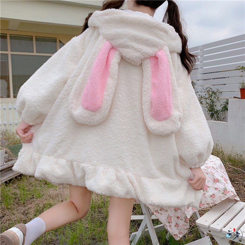2026 Autumn and Winter New Japanese Style Cute Rabbit Ear Sweatshirt for Women, Plus Size, Petite Zip-Up Jacket, Trendy Women's Clothing Wholesale