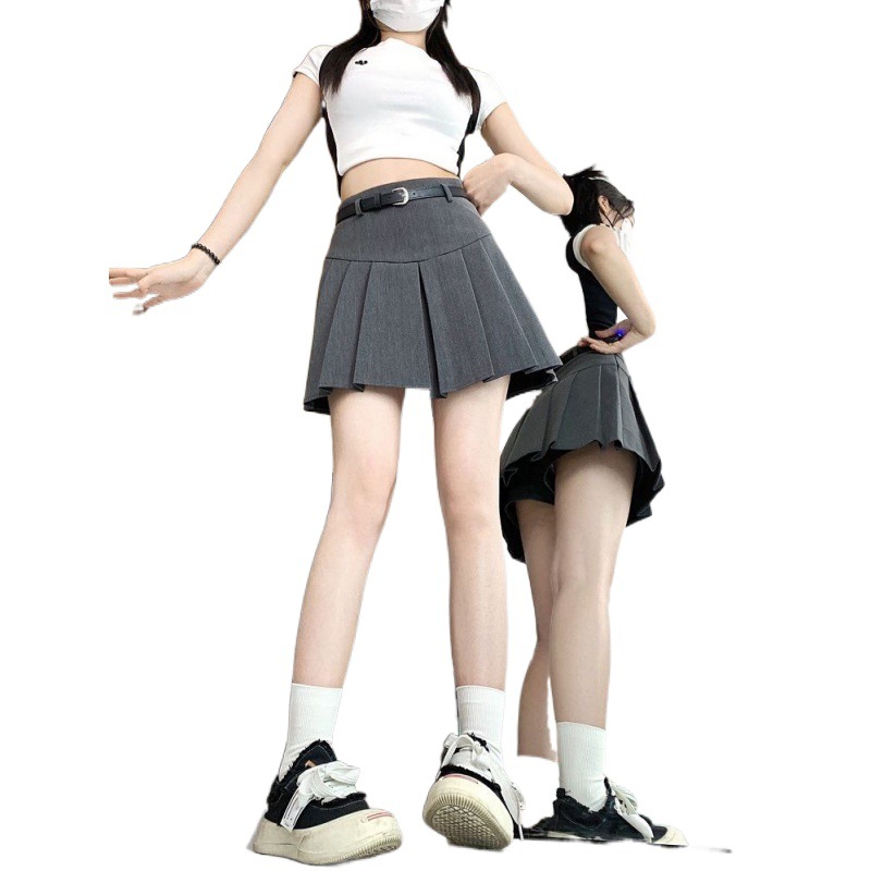 Women's Clothing Gray pleated skirt short skirt small high waist slimming skirt_voghion.com