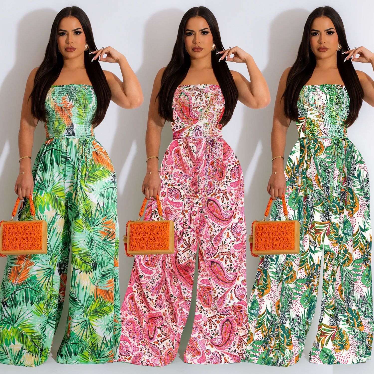 X6287 transfronterizo AliExpress Amazon moda europea y americana de las mujeres de impresión floral sin mangas sin cuello pantalones mono image 1