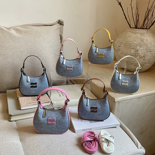 Cross-Border Denim Letter-Print Underarm Bag, Simple and Versatile Commuter Handbag, Niche Casual Shoulder Crossbody Children's Bag, Trendy