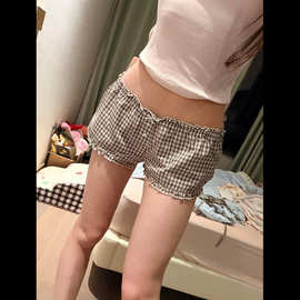 美式辣妹风格纹花边休闲睡裤女夏季大码修身遛弯裤居家短裤可外穿