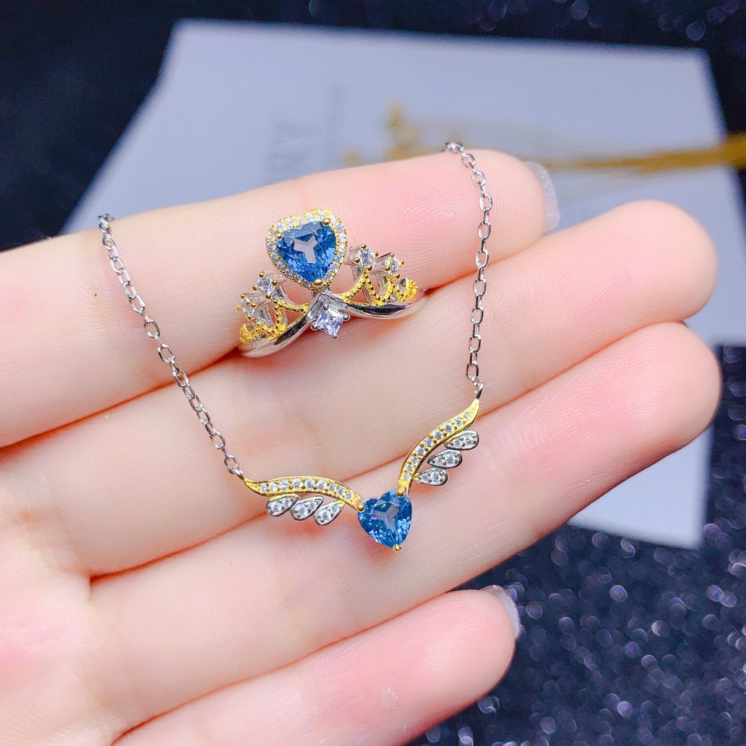 New Angel Wing Necklace Heart-shaped Blue Topaz Color Ring Pendant Copper Set display picture 1