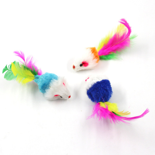 毛绒老鼠猫咪玩具 彩色羽毛猫玩具 仿真小老鼠猫咪玩具宠物玩具