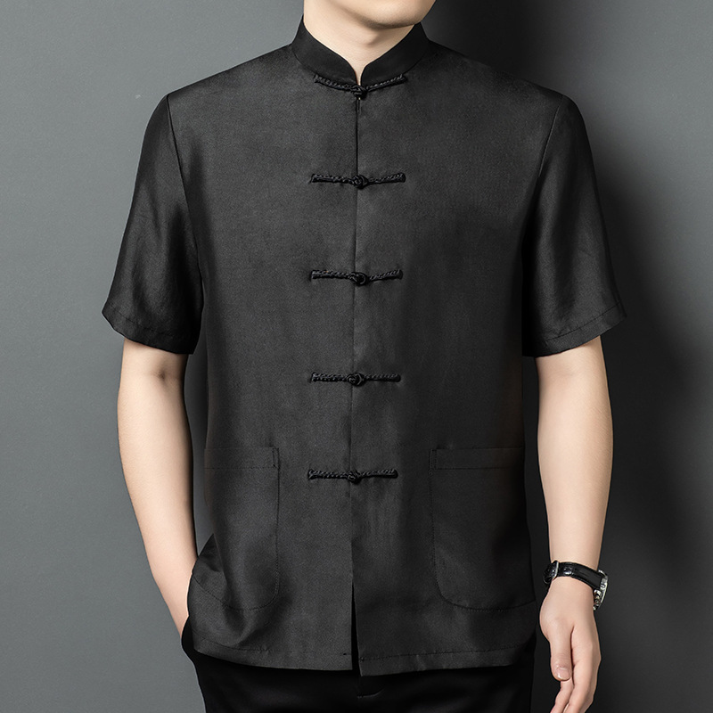 Áo sơ mi nam ngắn tay cổ đứng phong cách Trung Hoa, chất liệu lụa tơ tằm cao cấp — Màu đen G6001 ngắn tay