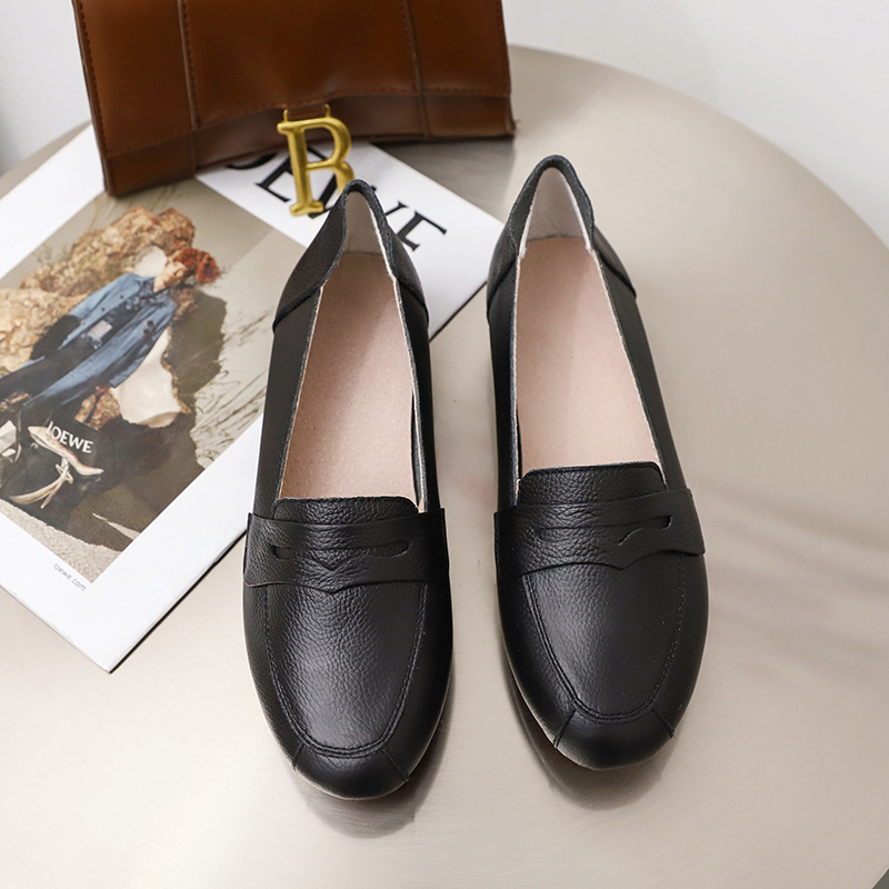 Yameng Women's Shoes genuine leather spring and autumn Round comfortable Flat bottom Women's Shoes fashion bow Mom shoes Single shoes