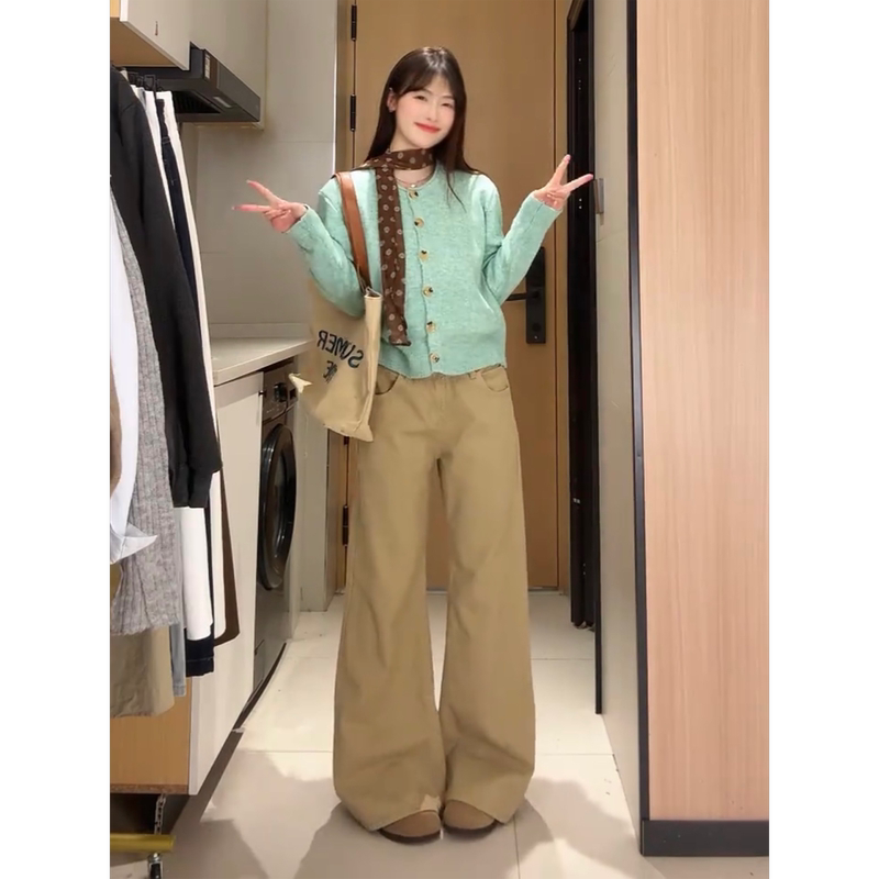 Loose-Fitting, Slightly Flared Jeans for Women, Summer Low-Waist Wide-Leg Loose Denim Flared Pants, Khaki Color Women's Pants