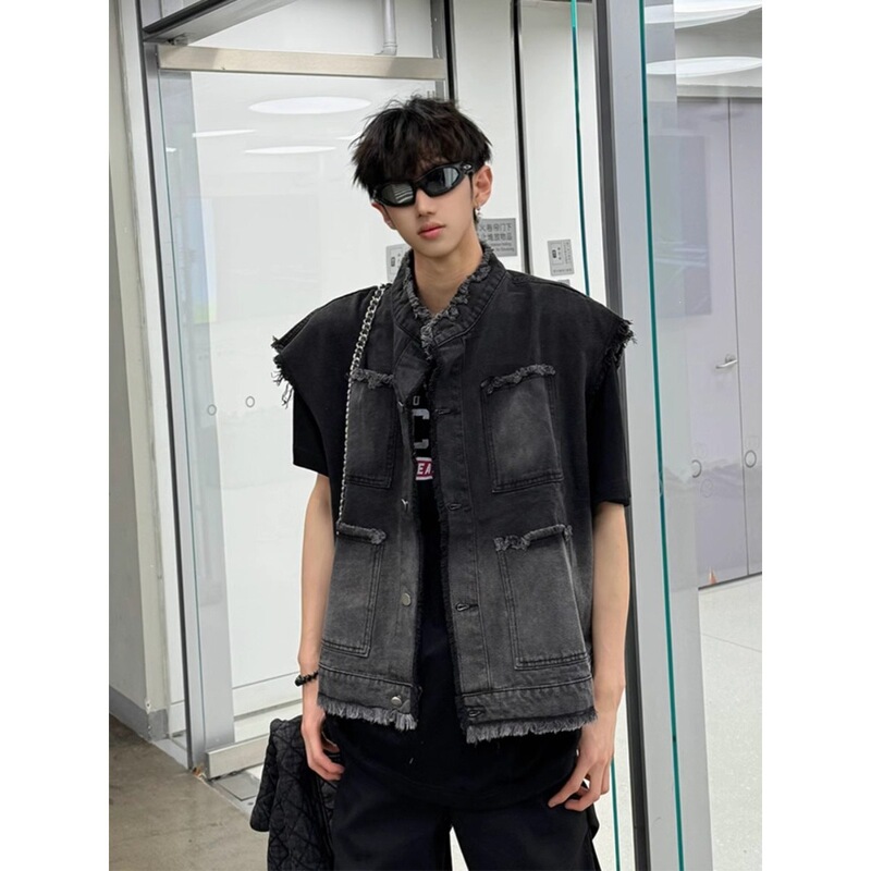 American-Style Ripped Denim Vest for Men and Women, Summer Trendy Sleeveless Vest, Fashionable Lapel Workwear Jacket