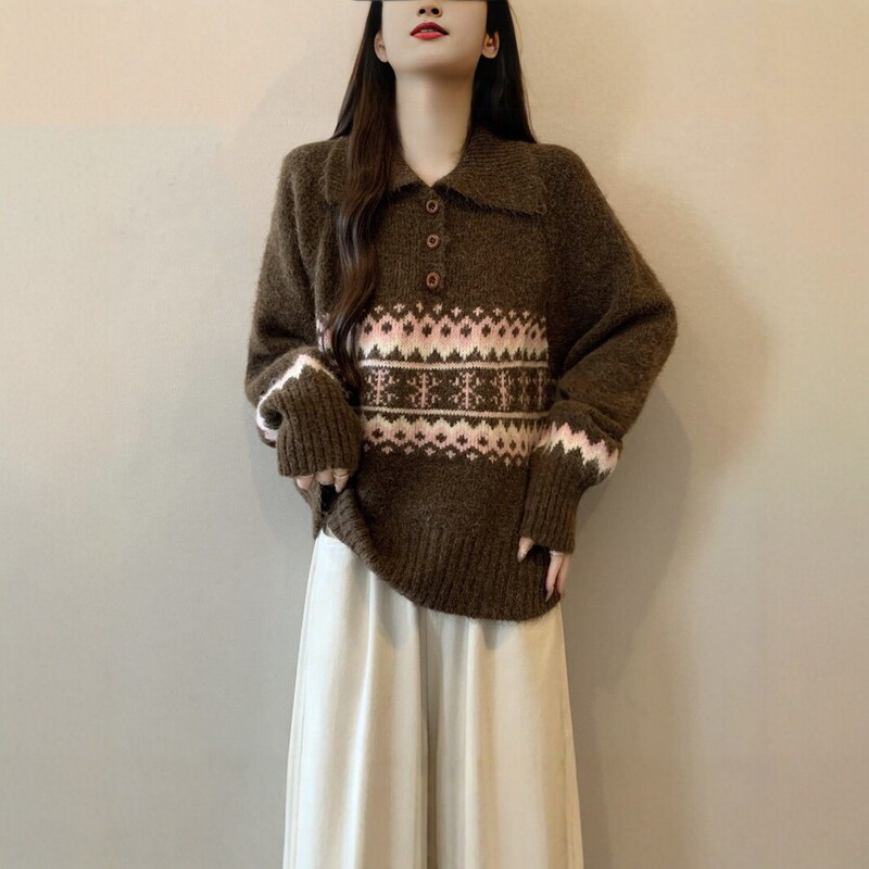 Melard Fair Isle Lapel Shoulder Sweater for Women, 2026 Autumn New Style, Plus Size Mohair Knit Top for Plus-Size Ladies Melard Fair Isle Lapel Shoulder Sweater for Women, 2026 Autumn New Style, Plus Size Mohair Knit Top for Plus-Size Ladies