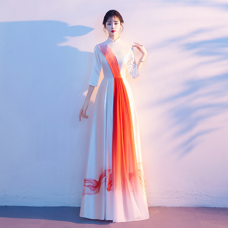 大合唱团演出服女气质长裙爱国红色中国风立领红歌合唱飘逸指挥服