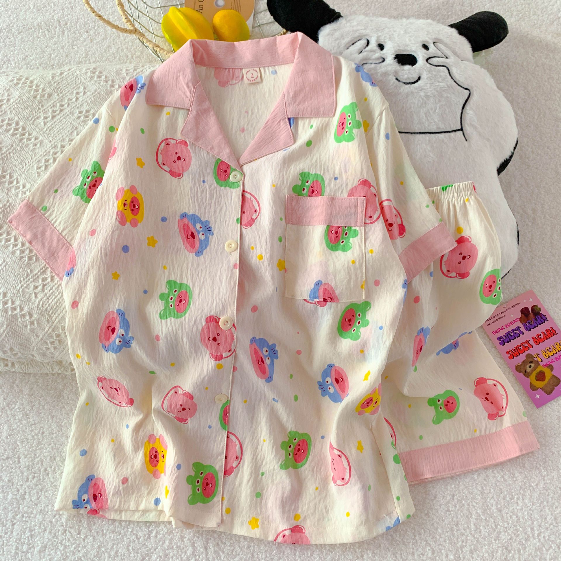 Pequeño libro rojo recomienda verano nuevo pijama de mujer nubes de algodón con solapa cardigan de manga corta pantalones cortos dulces dibujos animados ropa para el hogar