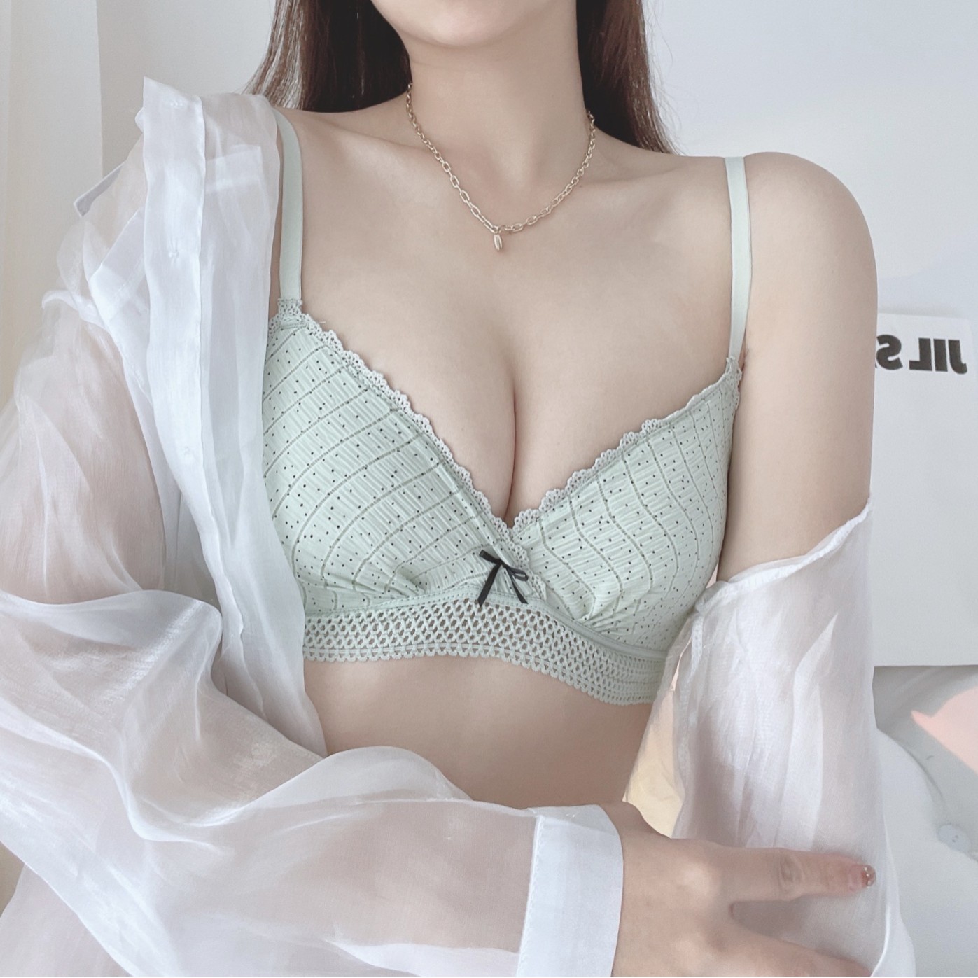 Encaje, lunares, lazo, lencería delgada, niña, sin aros, sin costuras, sujetador de pecho recogido, estudiante de secundaria