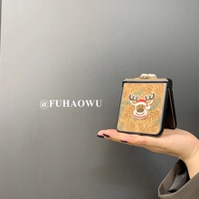 适用华为pocket2手机壳小米mixflip秋冬卡其皮纹绿叶novaflip折叠屏p50pocket毛绒球铃铛手提绳复古女款小众