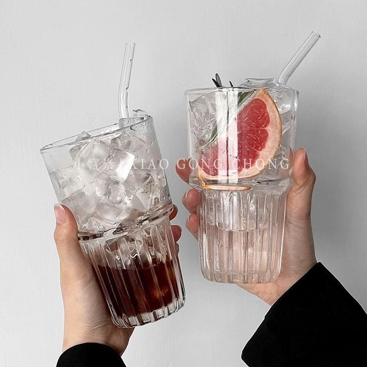 ins风可叠家用咖啡杯冰美式拿铁玻璃杯拉花杯饮料杯早餐杯高颜值