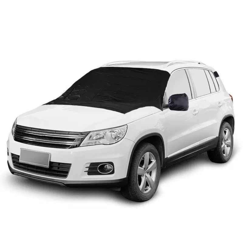 Black Car Glass Cover with Mirror Cover, Front Windshield Cover, All-Season Anti-Freeze Half Car Cover