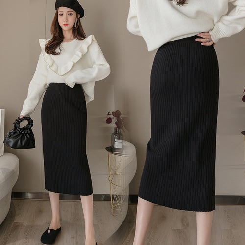 Long autumn and winter knitted half-body long skirt with high waist straight tube skirt, versatile long slimming sweater skirt 
