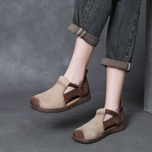 Top Layer Cowhide Vintage Colorblock Hollow Sandals Women's 2025 Summer New Square Toe Flat Comfortable Casual Sandals Women