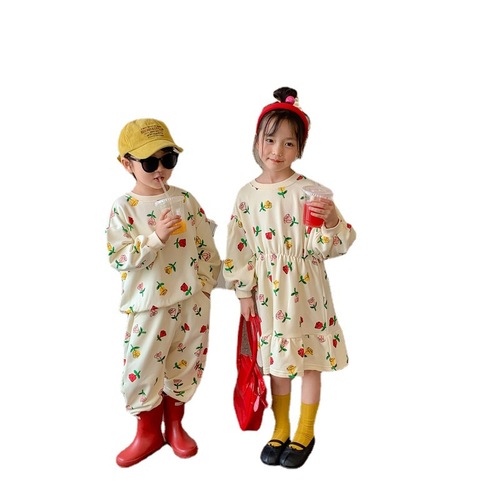 Children's suits 2024 spring Korean style long-sleeved trousers for boys and girls two-piece set children's flower fishtail dress brother and sister outfit
