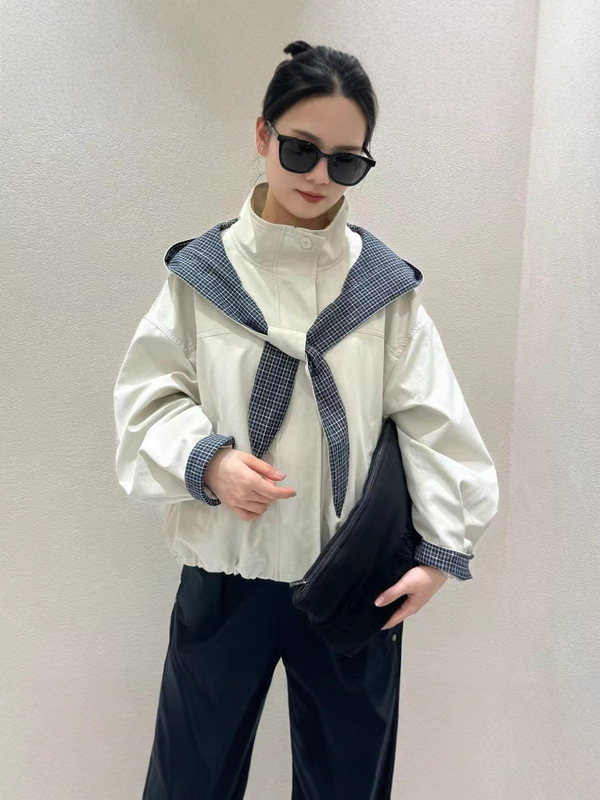 韩系时尚假两件外套女2025秋季简约撞色格纹时尚百搭休闲夹克上衣|undefined
