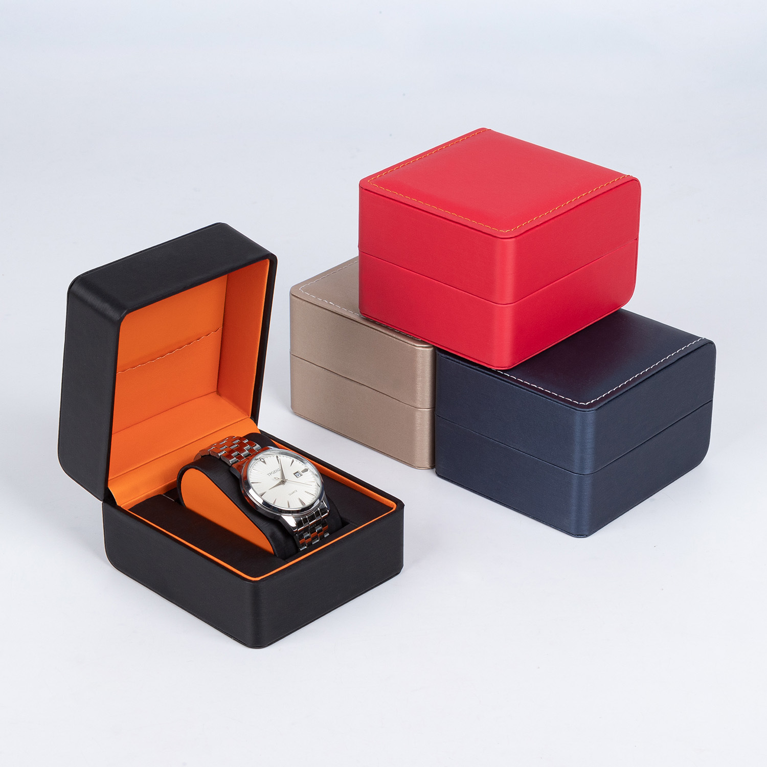 Caja de reloj de ángulo redondeado al por mayor cubierta flip PU caja de almacenamiento de reloj de seda de lluvia estriado caja de embalaje de reloj caja de regalo image 4