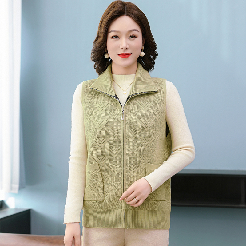 中老年女装春秋无袖外套翻领混纺针织拉链开衫大码宽松马甲上衣女，女装马甲，妃慕昵服饰