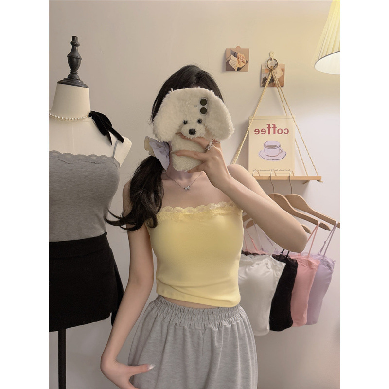 Chaleco de encaje pequeño para mujeres de verano nuevo puro para cubrir el pecho amarillo con cojín de pecho hermoso para usar en la espalda...