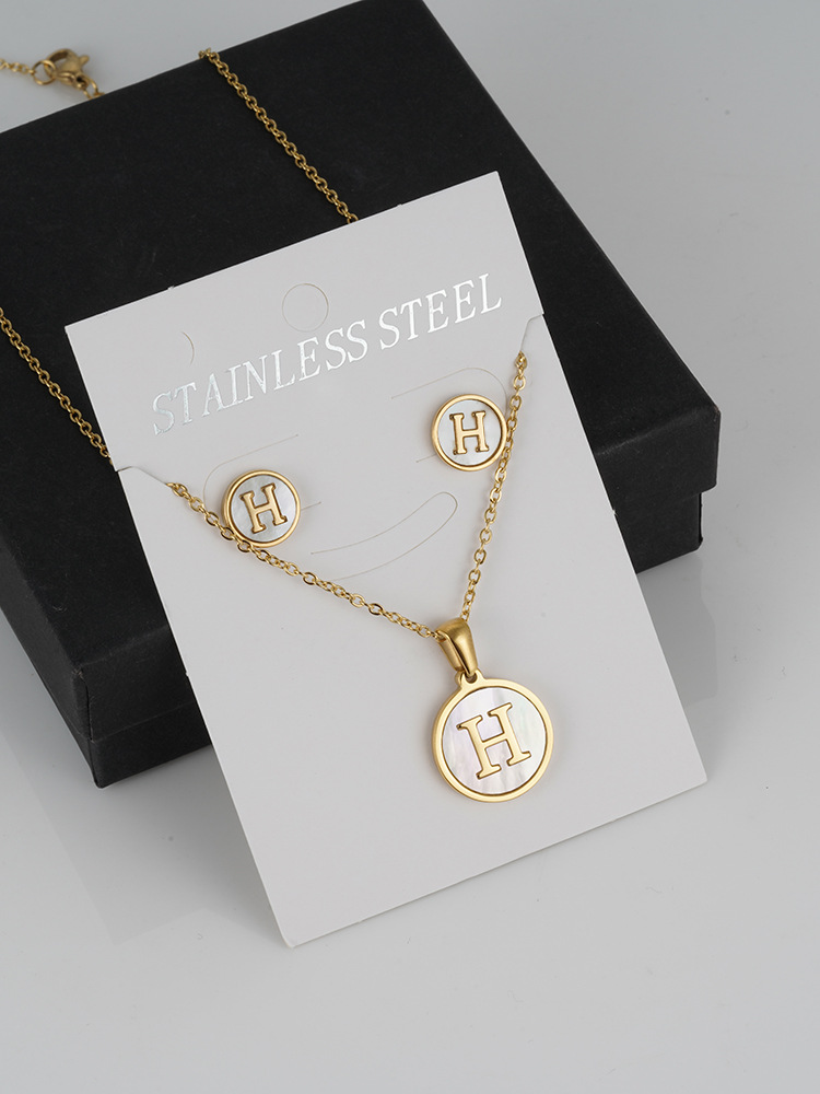 Fashion Letter Stainless Steel Plating Inlay Shell Earrings Necklace 1 Set